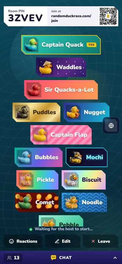 Random Duck Race screenshot, the lobby on a phone: Each player sees the whole room on their own phone, with chat and reactions.