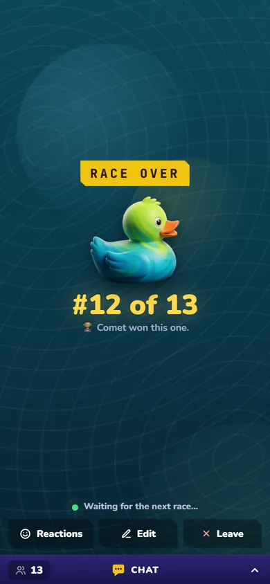 Random Duck Race screenshot, the result on a phone: When the race ends, each player sees where their duck finished.