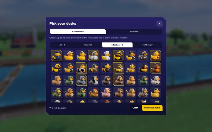 Random Duck Race screenshot, pick your ducks: My picks: choose up to 32 duck skins for the field, or a duck for each name.