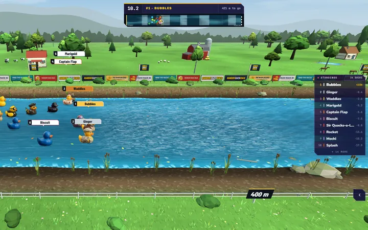 Random Duck Race screenshot, mid-race: The camera follows the leaders down the river while the live standings track the whole field.