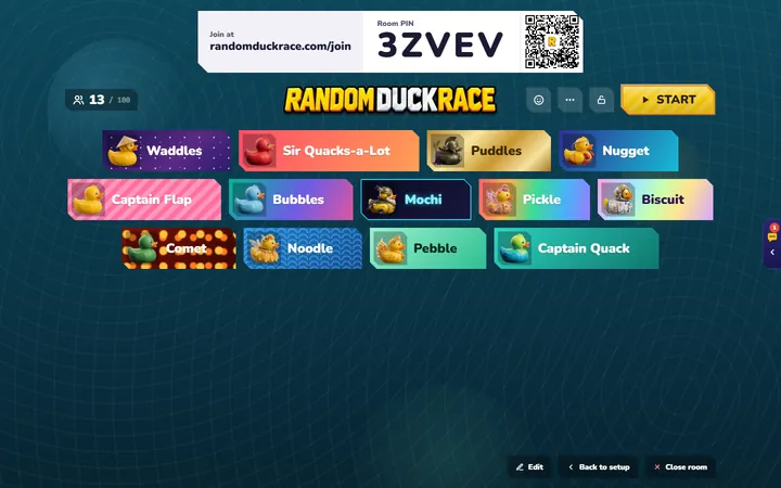 Random Duck Race screenshot, the room lobby: Every player’s duck and card style on the big screen, with the room PIN and QR code.