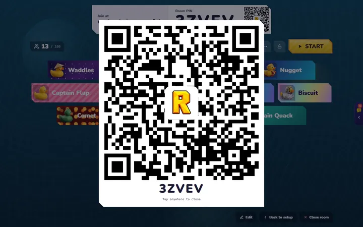Random Duck Race screenshot, scan to join: The big QR code, for players across the room to scan and join the race.