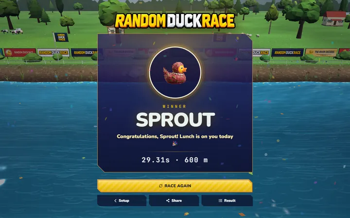 Random Duck Race screenshot, the winner: The champion’s screen, with fireworks, confetti and your own message under the winner’s name.